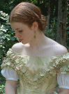 1860's green and cream silk check ball gown with day bodice and ruffle trim.